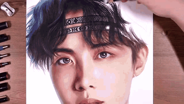 a close up of a person 's face with a headband on