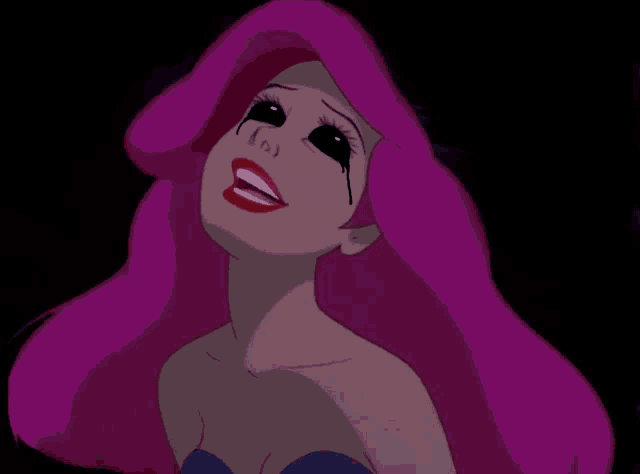 a woman with pink hair and black eyes is crying