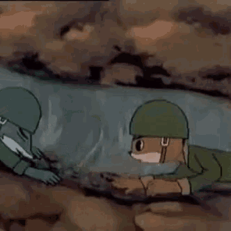 a couple of cartoon soldiers are laying on the ground in a trench .