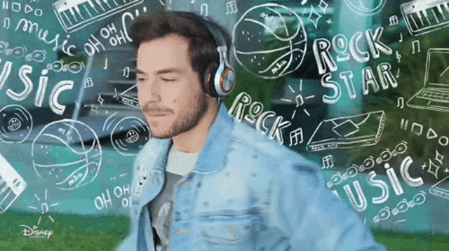 a man wearing headphones is surrounded by drawings of music and the words rock star
