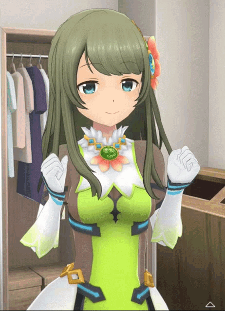 a girl with green hair and a flower in her hair is standing in front of a closet