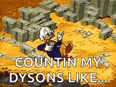a cartoon of donald duck surrounded by stacks of money with the words `` countin my dysons like ... ''