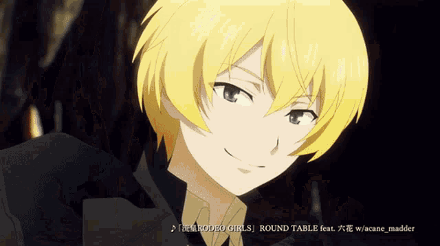 a close up of a yellow haired anime character with the words rodeo girls round table on the bottom