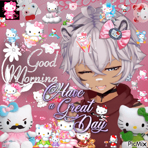 a picture of a hello kitty character with the words good morning have a great day surrounded by hello kitty stuffed animals