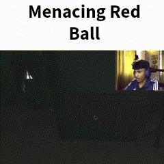 a man wearing headphones looks at a cartoon character with the words menacing red ball above it