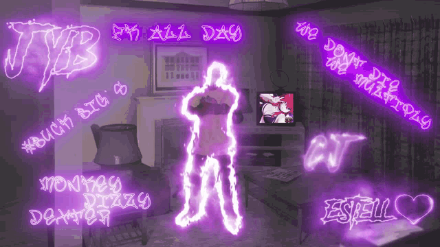 a neon sign that says jvb on it in a living room