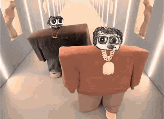 two cartoon characters are standing in a hallway