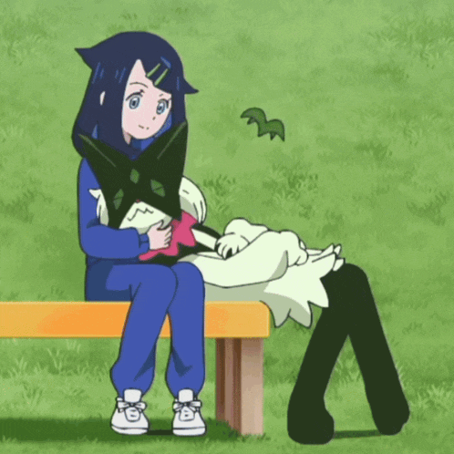 a cartoon girl is sitting on a bench with a cat