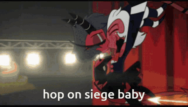 a cartoon character with the words hop on siege baby on the bottom