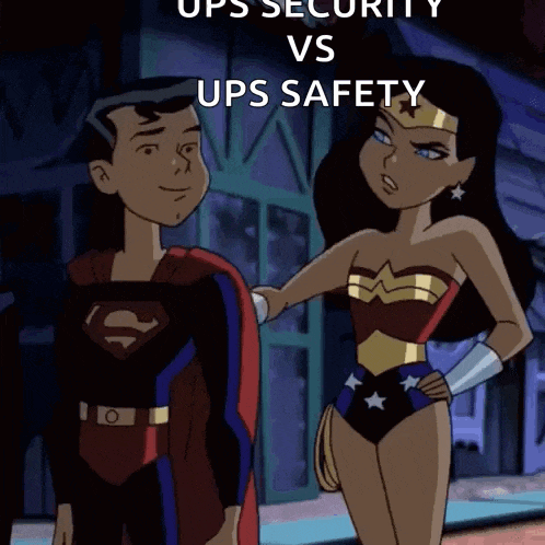 superman and wonder woman are standing next to each other with the words ups security vs ups safety above them