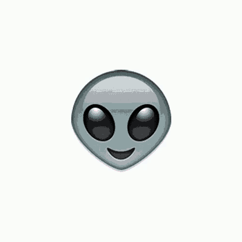 a gray alien face with black eyes and a pink smile