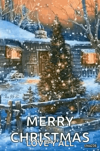 a merry christmas greeting card with a christmas tree in the snow and a house in the background .