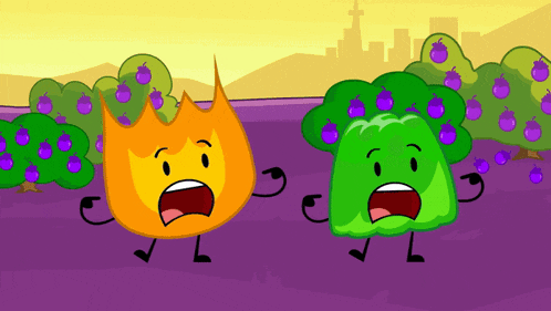 a cartoon of a fire and a green bush with purple grapes