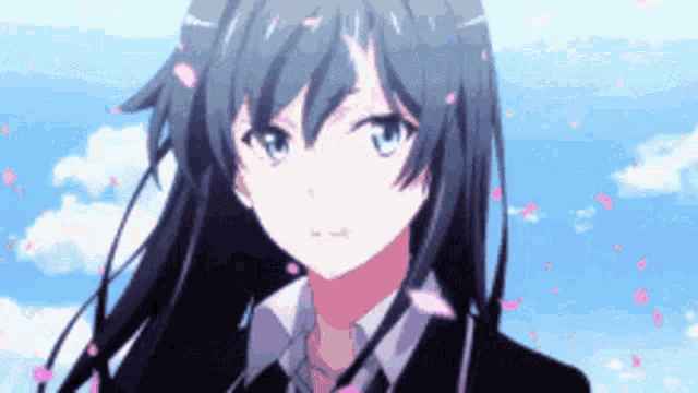 a girl with long blue hair is wearing a black suit and tie .