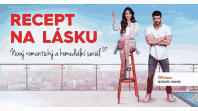 a man and a woman are standing on a balcony with the words recept na lasku