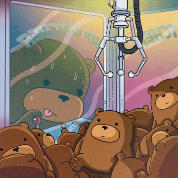 a bunch of teddy bears are sitting in front of a claw machine that says ' catch ' on it