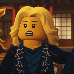 a lego girl with blonde hair is holding a sword and has a surprised look on her face