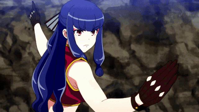 a girl with long blue hair is wearing a glove