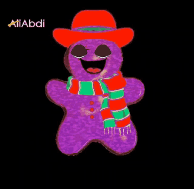 a drawing of a gingerbread man wearing a red hat and scarf