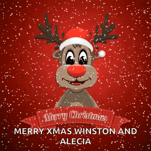 a christmas card with a reindeer wearing a santa hat and the words merry xmas winston and alecia