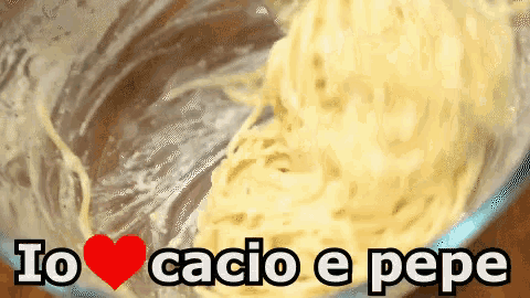 a bowl of spaghetti with the words i love cadio e pepe on the bottom