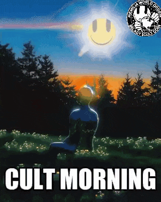 a man is sitting in a field with a smiley face coming out of his head and the words cult morning below him .