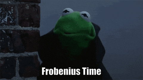 kermit the frog is peeking out from behind a brick wall and says frobenius ' time