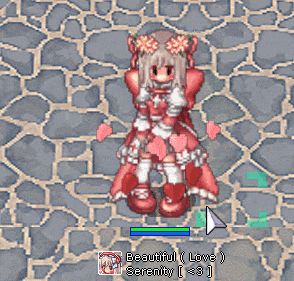 a girl in a red dress is sitting on a stone floor with the words beautiful love serenity