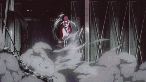 a girl with purple hair is walking through a dark room