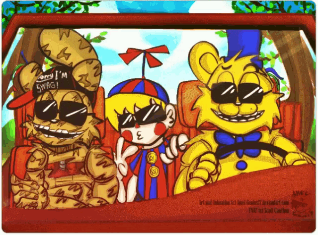 three cartoon characters wearing sunglasses and a hat that says " come i 'm swag ! "