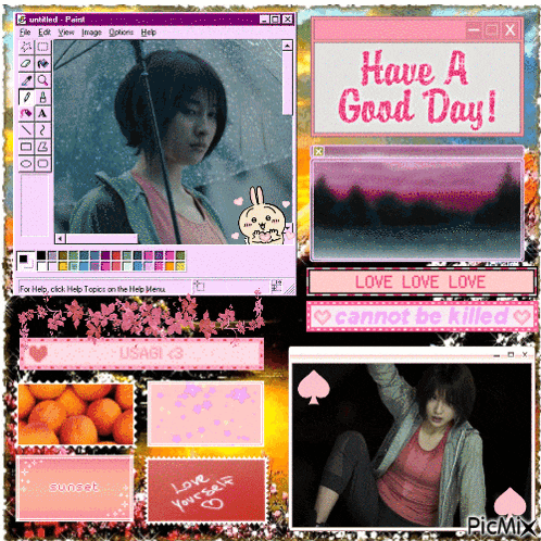a picture of a girl with an umbrella and the words have a good day on the top