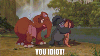 a cartoon of two elephants hugging each other with the words " you idiot " below them