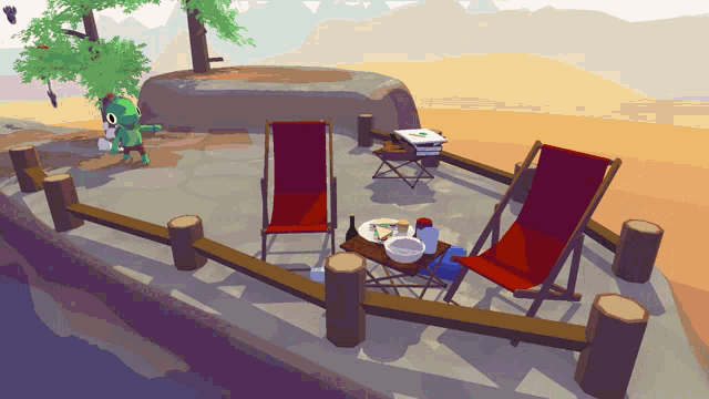 a cartoon drawing of a fence with two chairs and a table with a plate of food on it