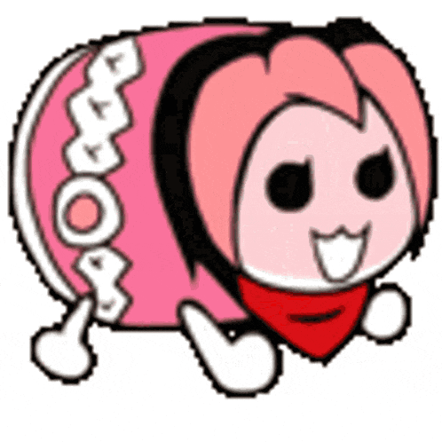 a pink and black cartoon character with a red scarf around its neck