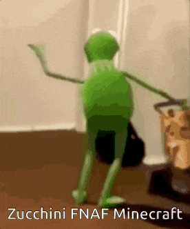a kermit the frog is dancing in a room with the words zucchini fnaf minecraft written on the bottom