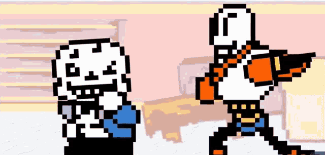 a pixel art of a skeleton and papyrus standing next to each other in a room .