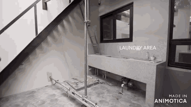 a laundry area with a sink and stairs made in animotica