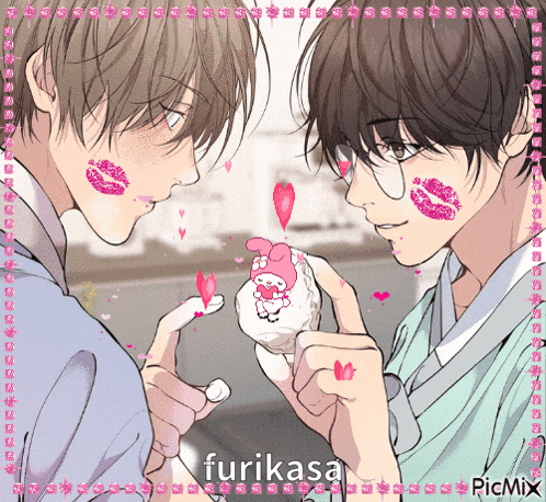 a couple of anime characters holding a marshmallow with a hello kitty on it