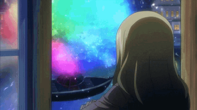 a girl looking out a window at a rainbow