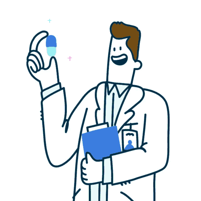 a cartoon drawing of a doctor holding a capsule in his hand