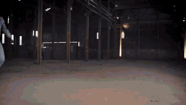 a person standing in a dark room with a light shining through the windows