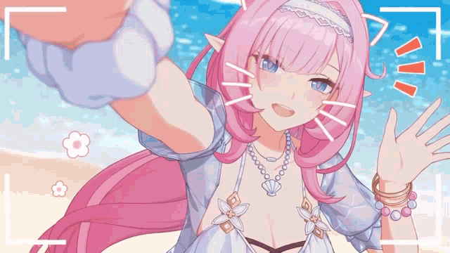 a pink haired anime girl is taking a selfie on the beach
