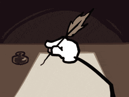 a cartoon drawing of a hand writing with a feather pen