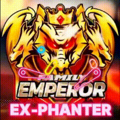 a logo for a video game called emperor ex-phanter shows a lion with a crown on its head .