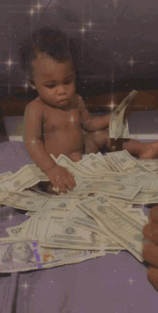 a baby is sitting on top of a pile of money with one dollar bills on the ground
