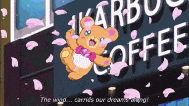 a teddy bear is flying in front of a sign that says " the wind carries our dreams along "