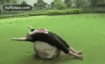 a man is laying on top of a large rock in a field .