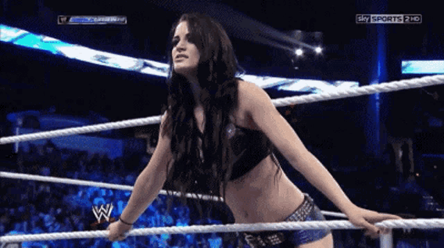 a woman in a wrestling ring with a sky sports 2 hd sign behind her