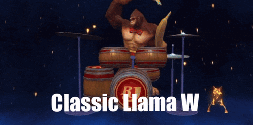 a picture of donkey kong playing drums with the words classic llama w above him