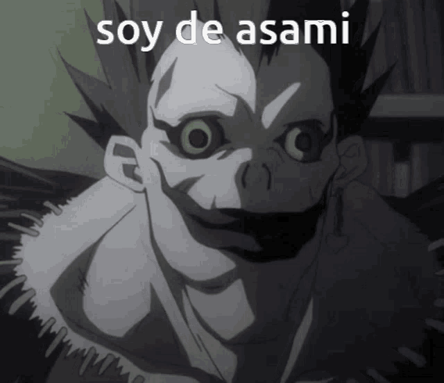 a close up of a cartoon character with the words soy de asami below it
